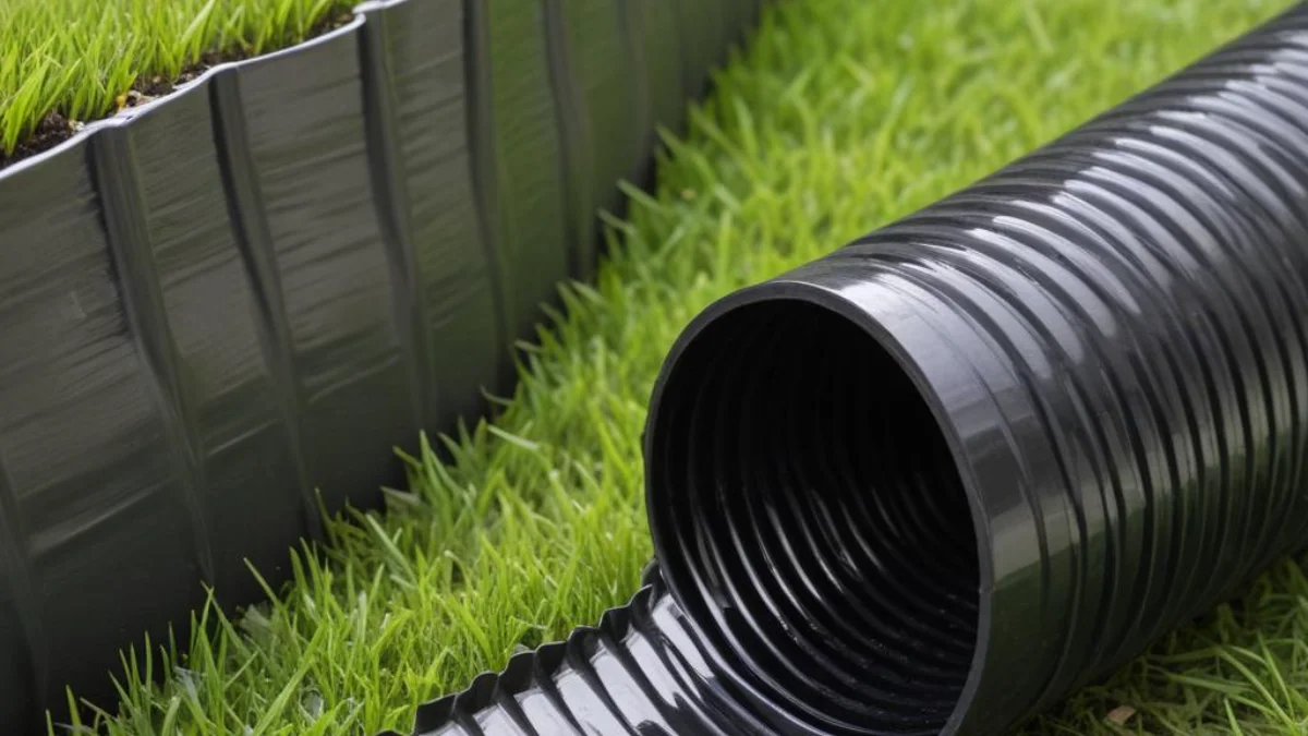 Corrugated black plastic drain pipe opening at the edge of a lawn.
