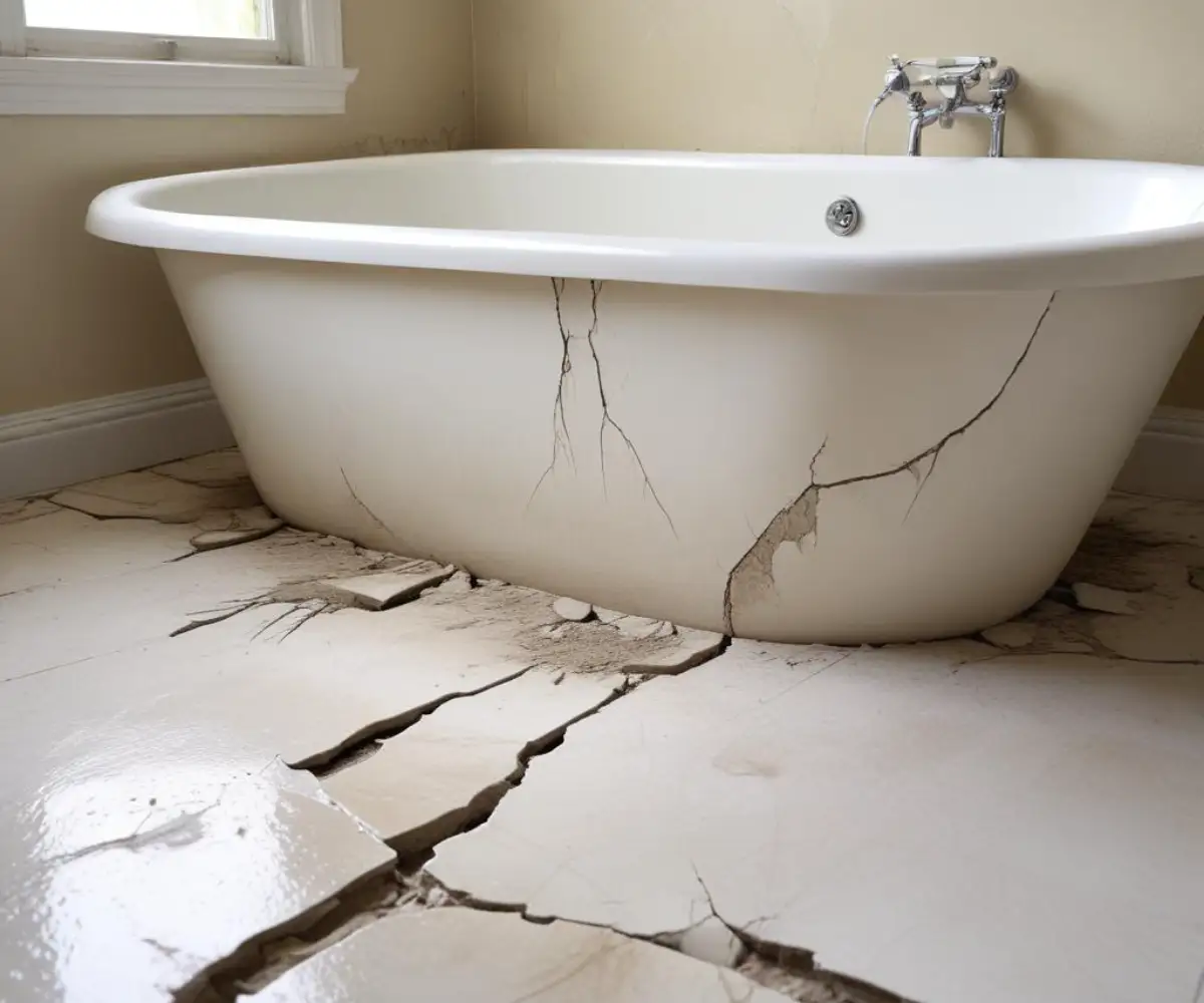 Cracked and discolored floor of a white fiberglass bathtub, indicating potential water damage and structural issues underneath.