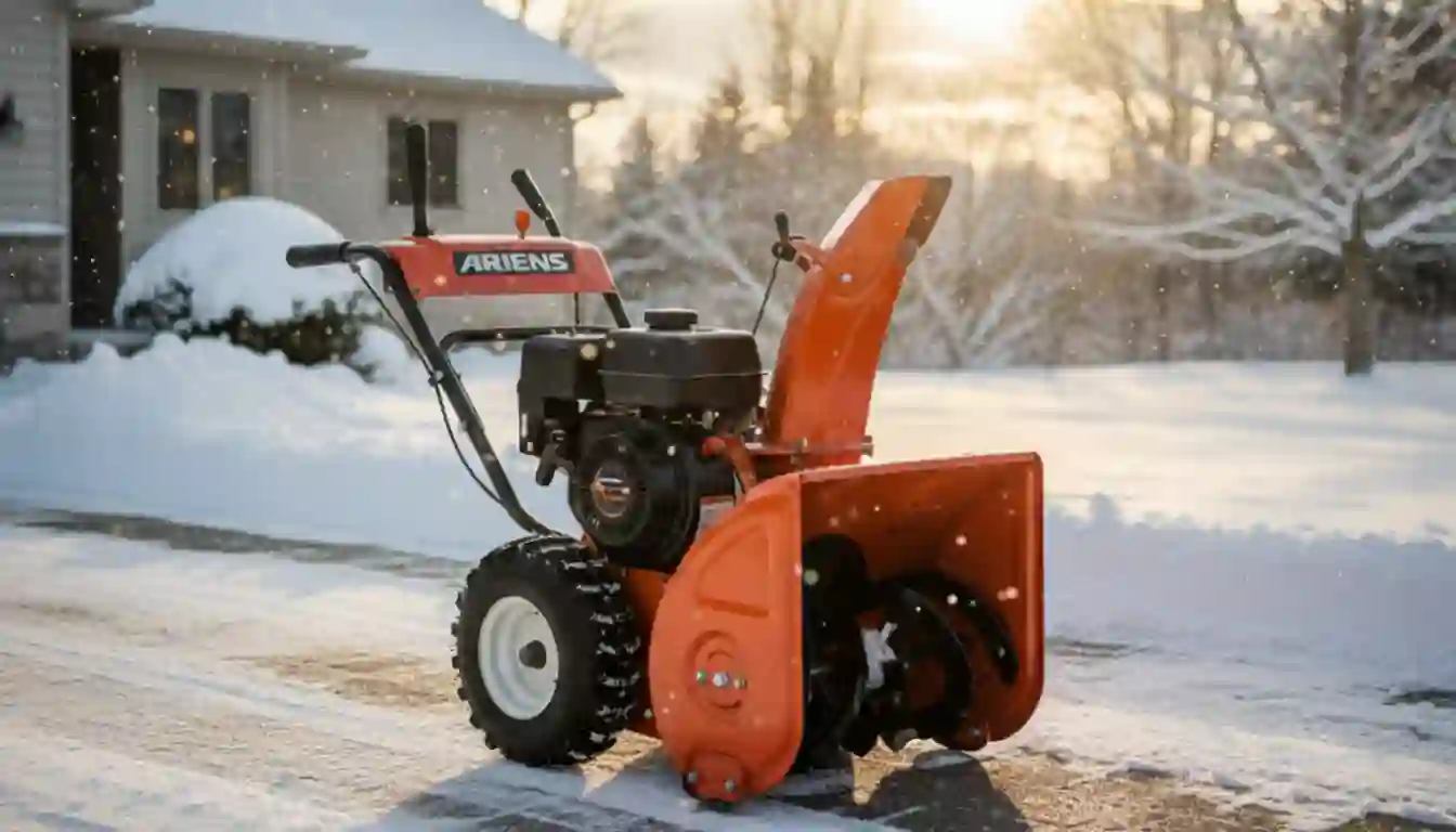 An orange and black Ariens ST504 two-stage snowblower on a solid, neutral background.