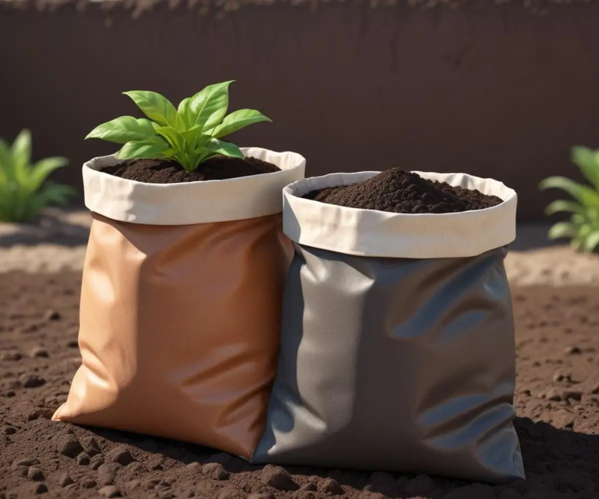 Two unbranded bags of potting mix with rich, dark soil, placed side by side on a neutral background for comparison.