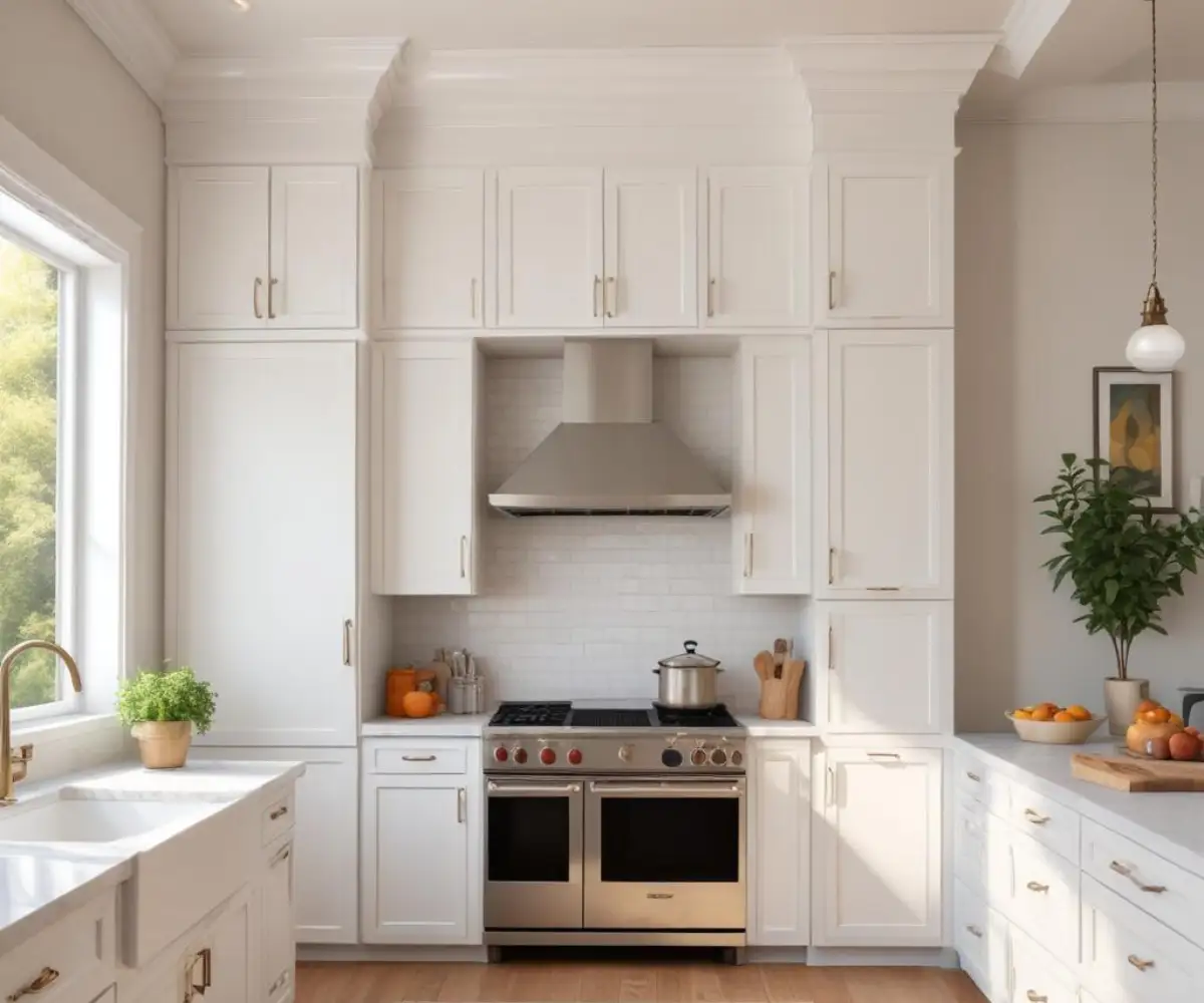 Tall white stacked kitchen cabinets with crown molding reaching a 10-foot ceiling in a brightly lit, modern kitchen.