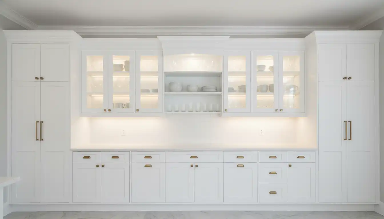 White stacked kitchen cabinets with glass-front uppers and elegant crown molding reaching a high nine-foot ceiling.