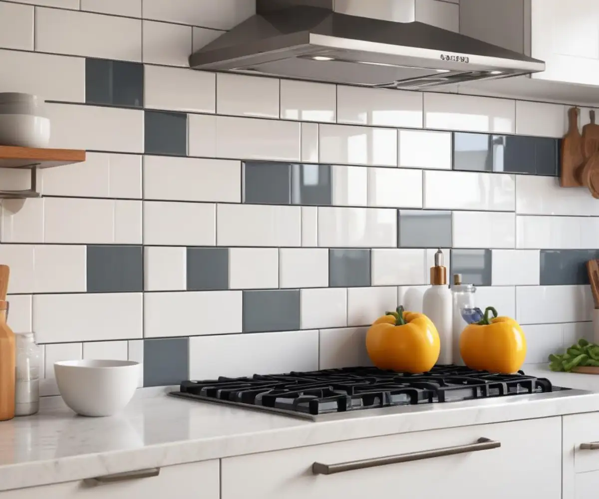 A close-up of a kitchen backsplash featuring glossy white subway tiles arranged in a modern, stacked pattern with contrasting dark grout.