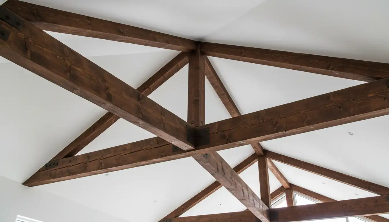 Exposed, dark-stained Douglas fir structural beams spanning across a vaulted white ceiling.