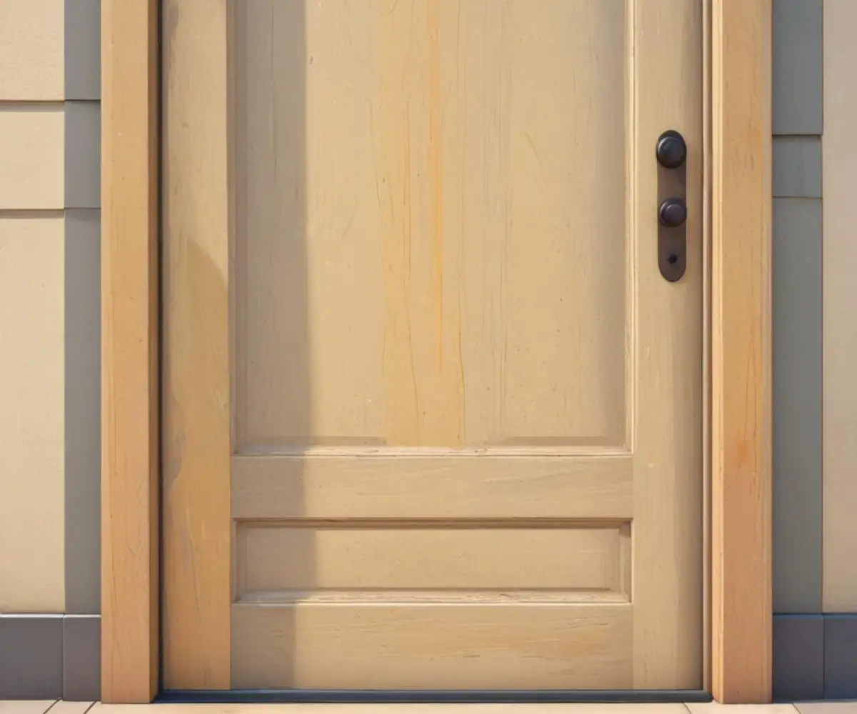 Close-up of a poorly stained fiberglass door showing streaks and blotches in the finish.