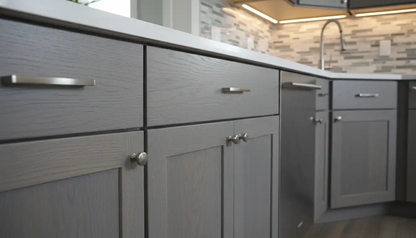 Gray-stained oak kitchen cabinets with a visible wood grain.