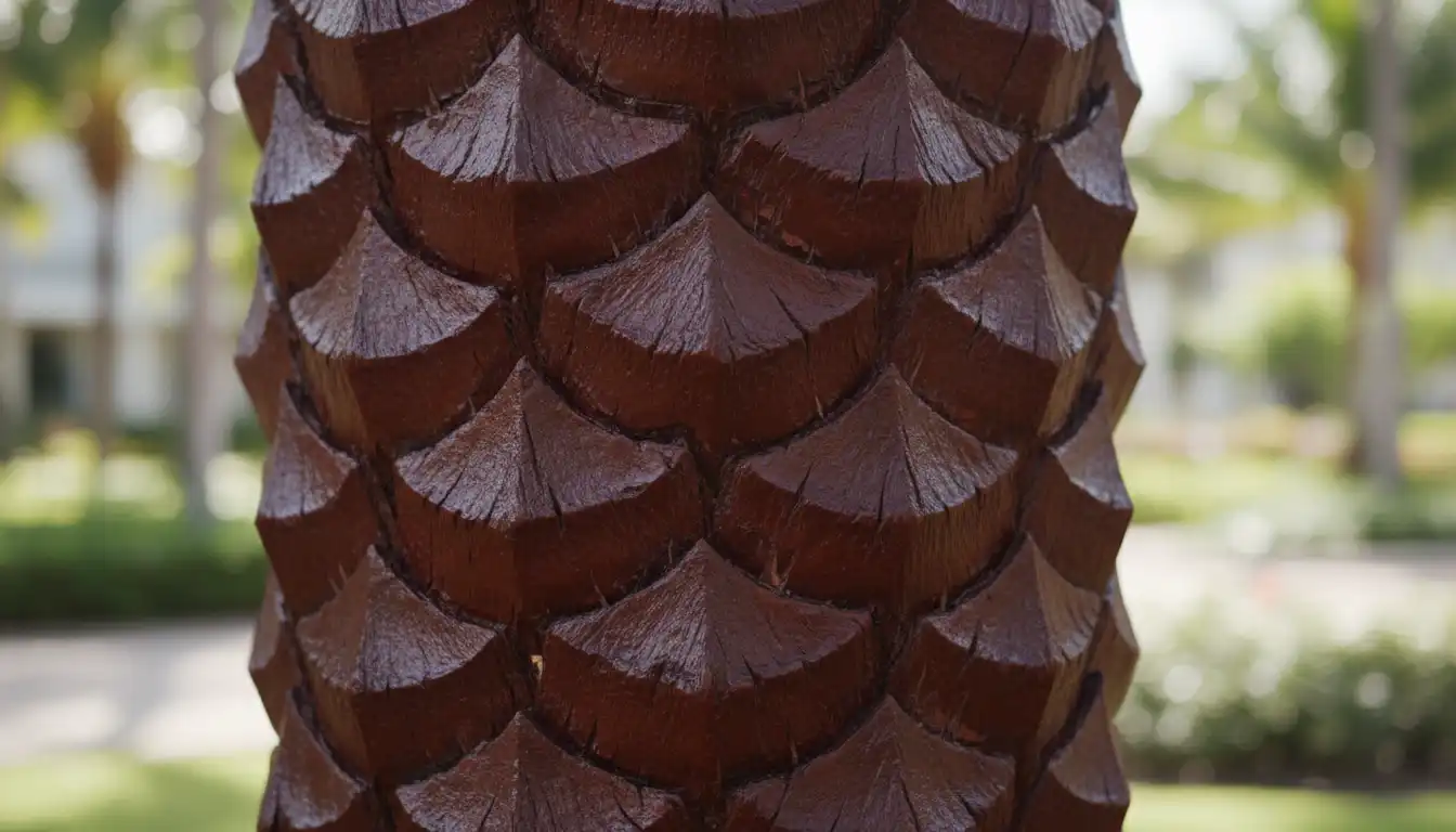 A close-up of a neatly stained palm tree trunk highlighting its diamond-cut pattern.