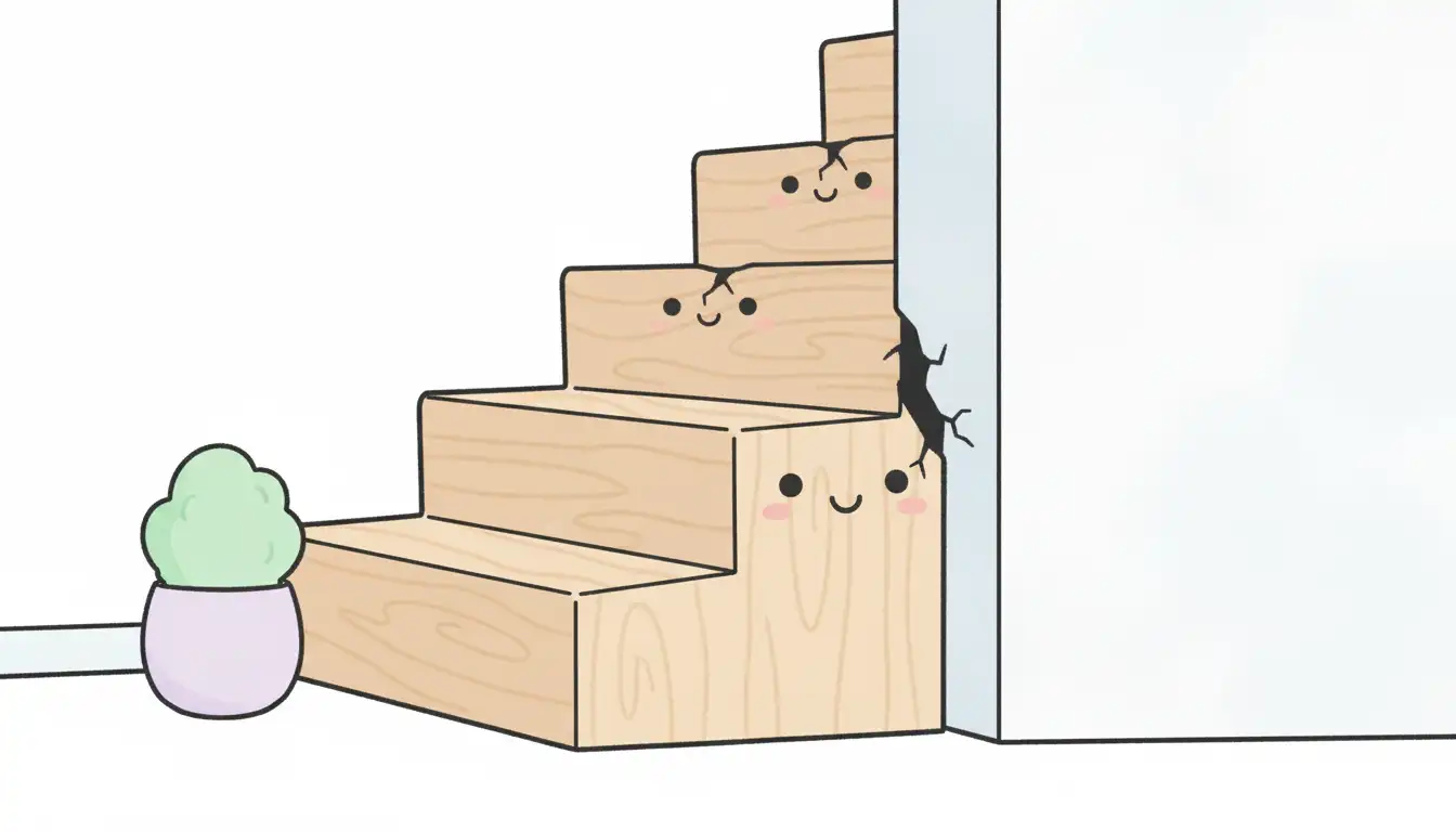 A visible gap showing the separation between a wooden staircase stringer and an adjacent white wall.