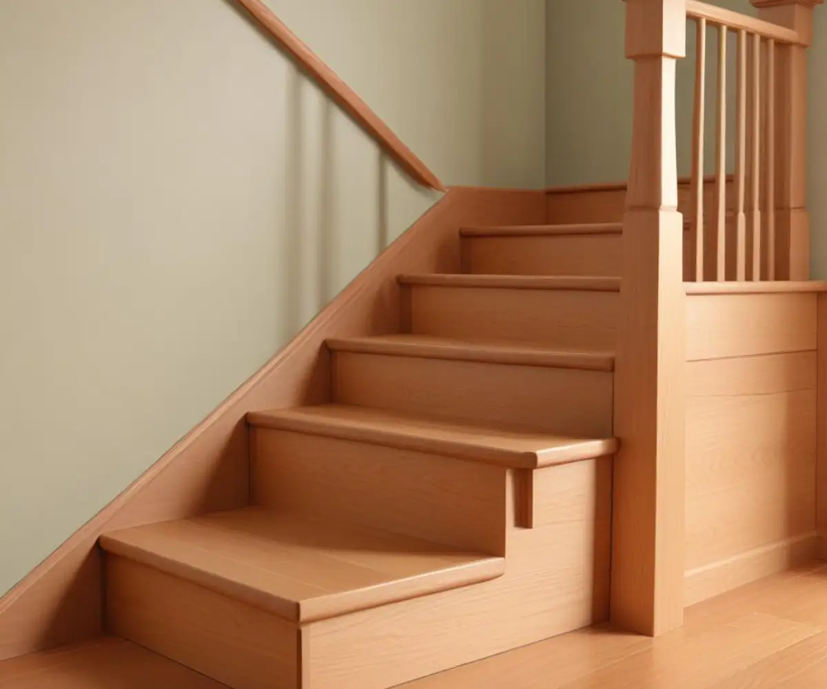 Close-up of a wooden staircase showing quarter round molding installed where the stair tread meets the stringer.