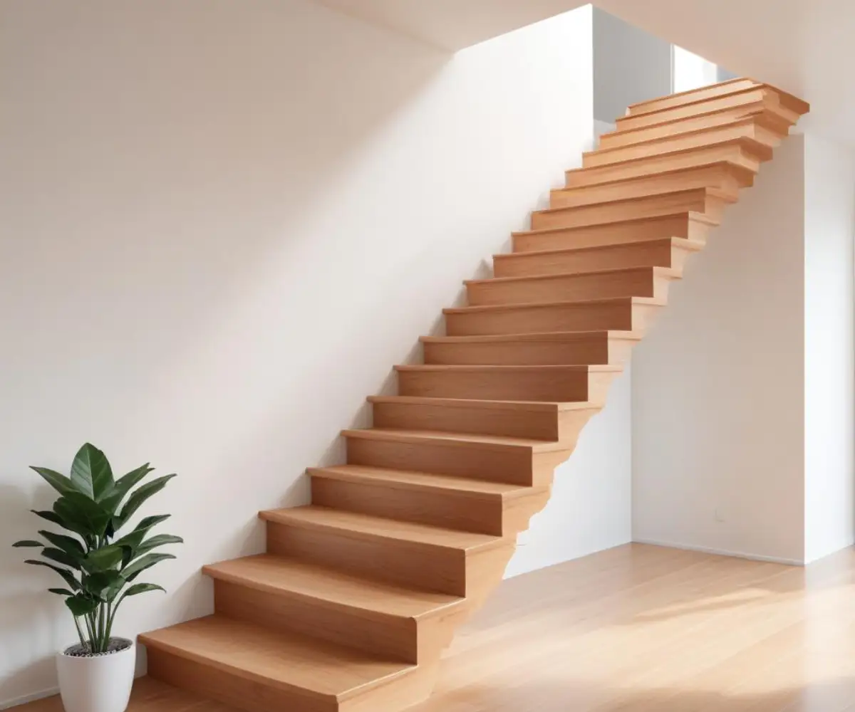 Modern wooden staircase with a clean, skirtless design ascending along a plain white wall.