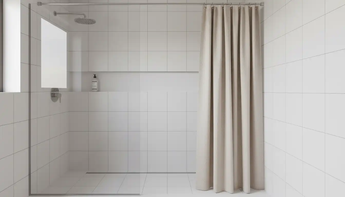 A modern, white-tiled stand up shower stall with a simple, neutral-colored fabric curtain pulled partially open.