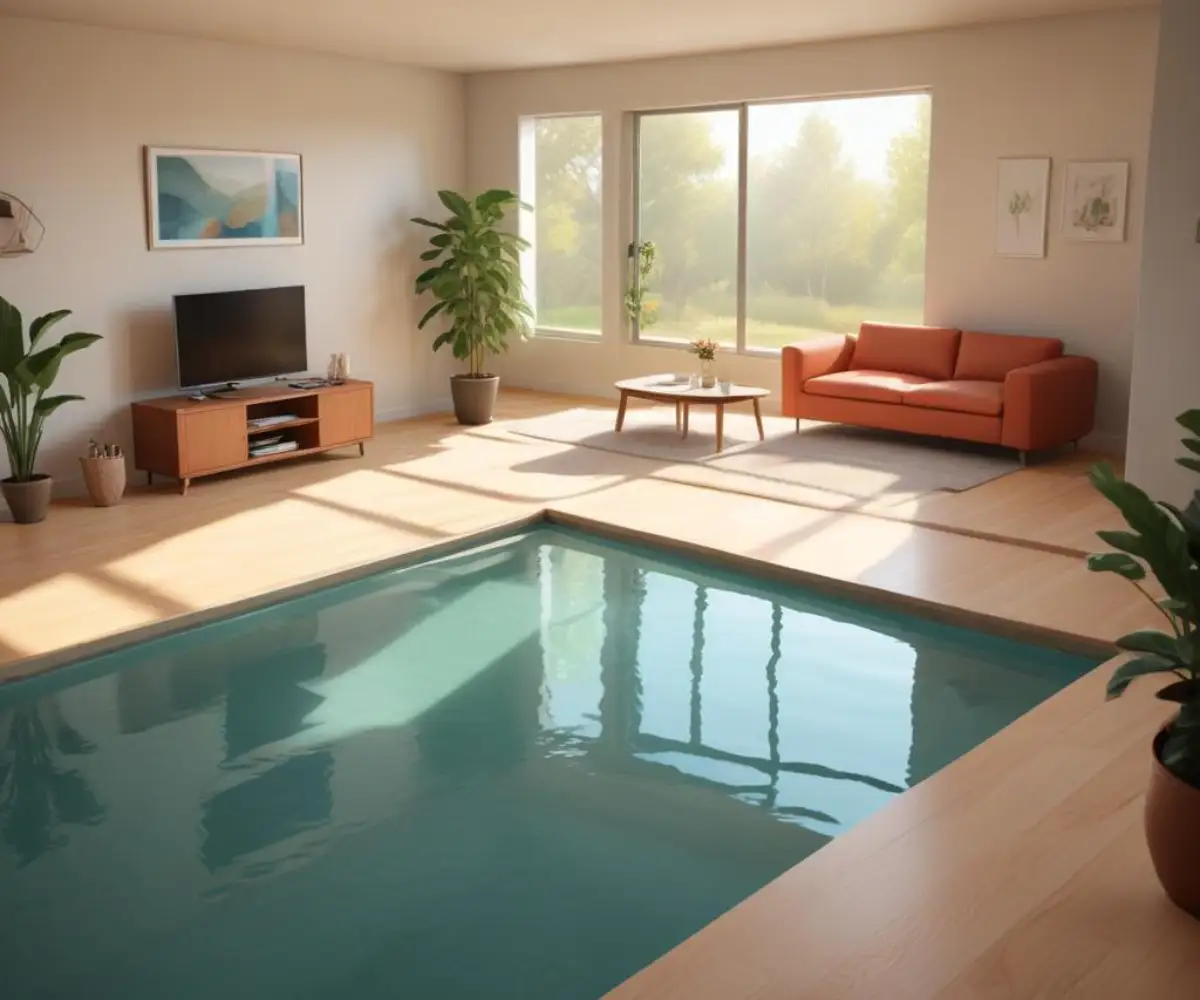 A well-lit, sunken living room with a contrasting floor border clearly marking the single step down from an adjacent room.