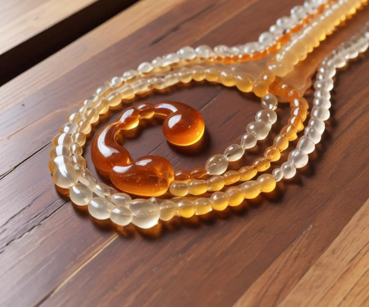 Clear, amber-colored resin beading up on the surface of an unfinished wooden plank with a prominent knot.