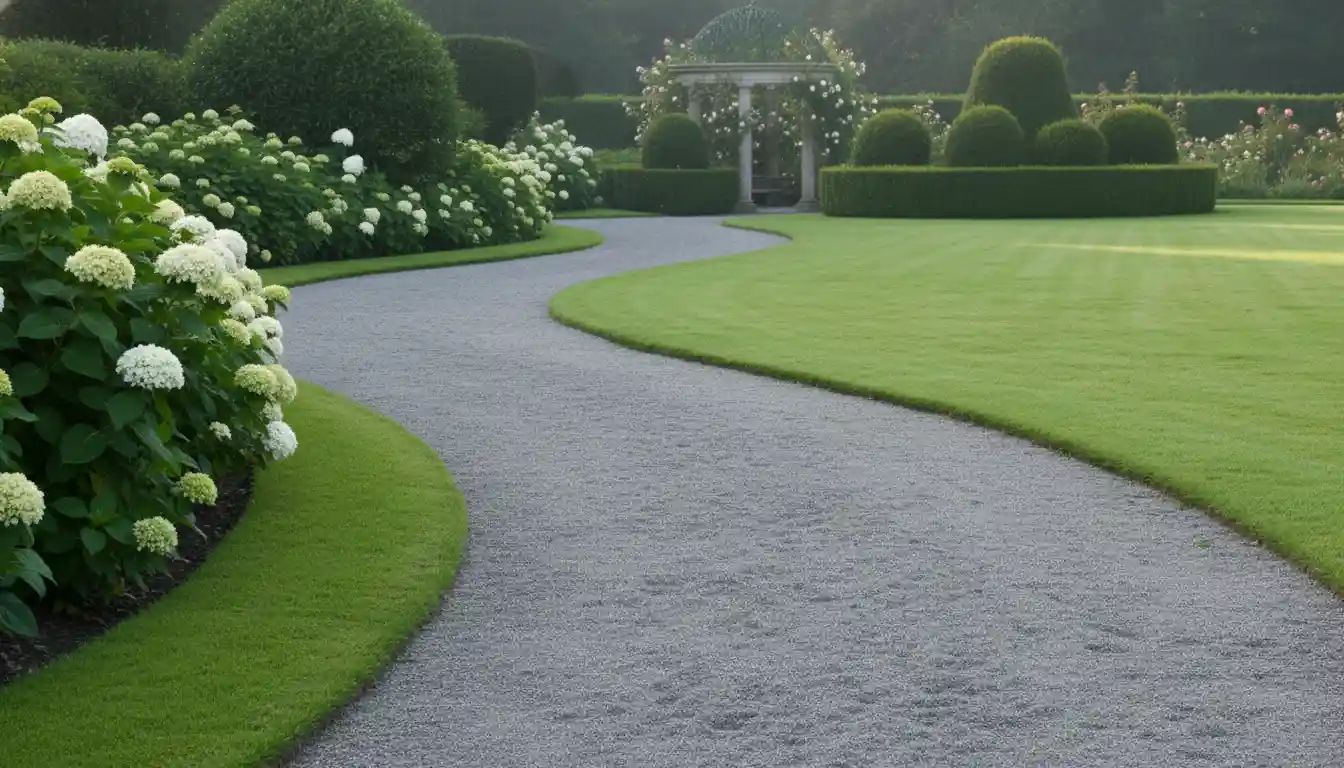 A winding gray crushed stone dust pathway curving through a manicured green garden lawn.