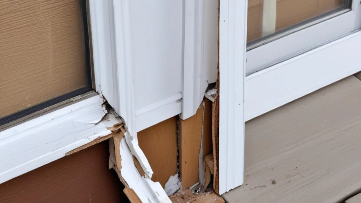 Damaged white door frame with splintered wood where a storm door closer bracket has been ripped out.