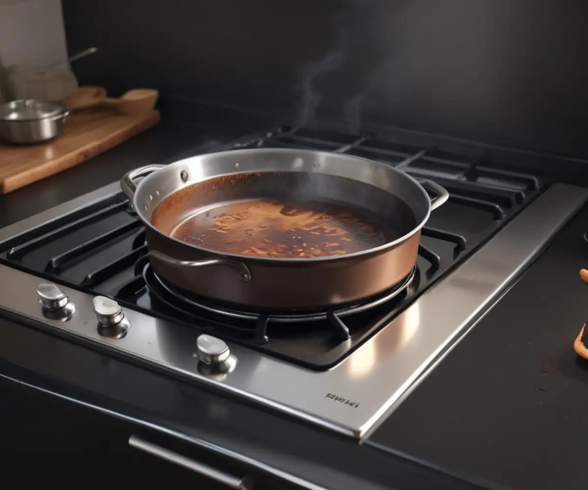 A dark brown, greasy liquid residue pooled underneath a stainless steel stove burner on a black cooktop.