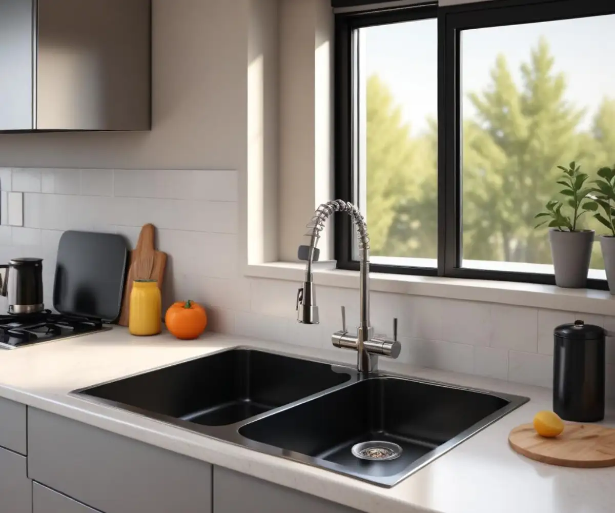 A modern kitchen countertop with a stainless steel sink positioned next to a black electric stove top.