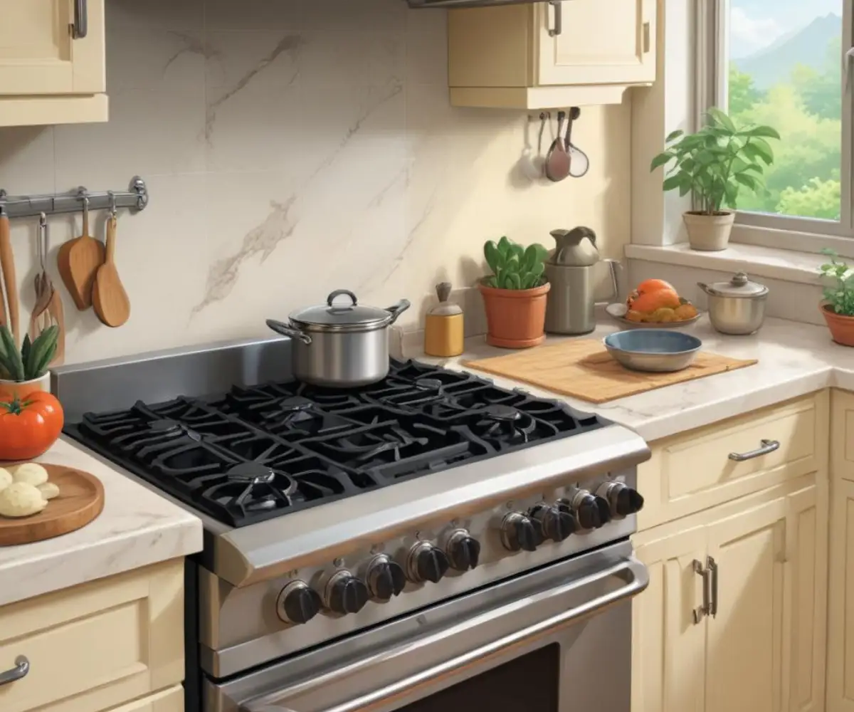 A modern stainless steel gas range with five burners and a black cooktop installed in a light-colored kitchen countertop.