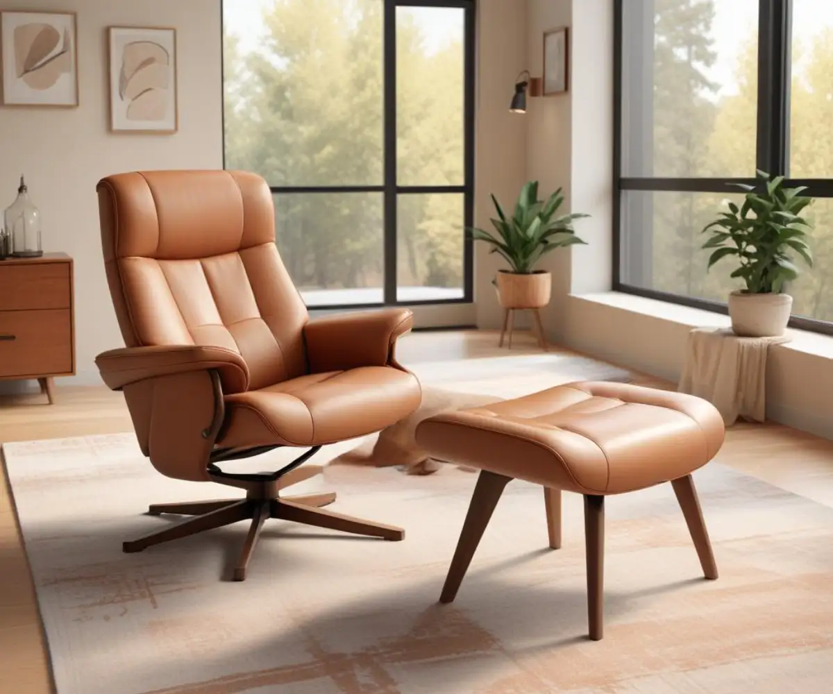 A modern, tan leather recliner with a matching ottoman on a light-colored rug.