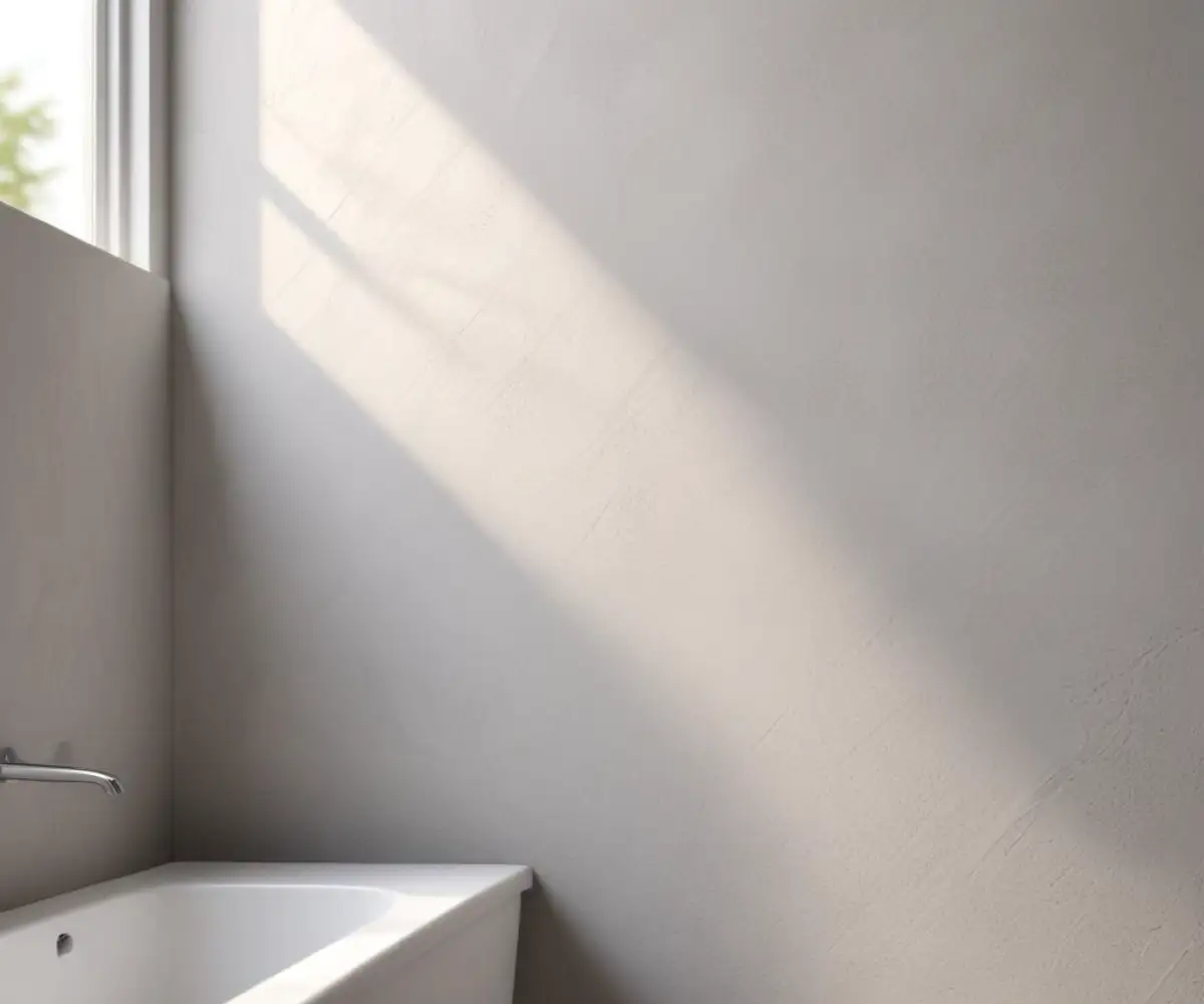 A close-up of a textured, light gray stucco wall in a bathroom, showing its unique, uneven surface.