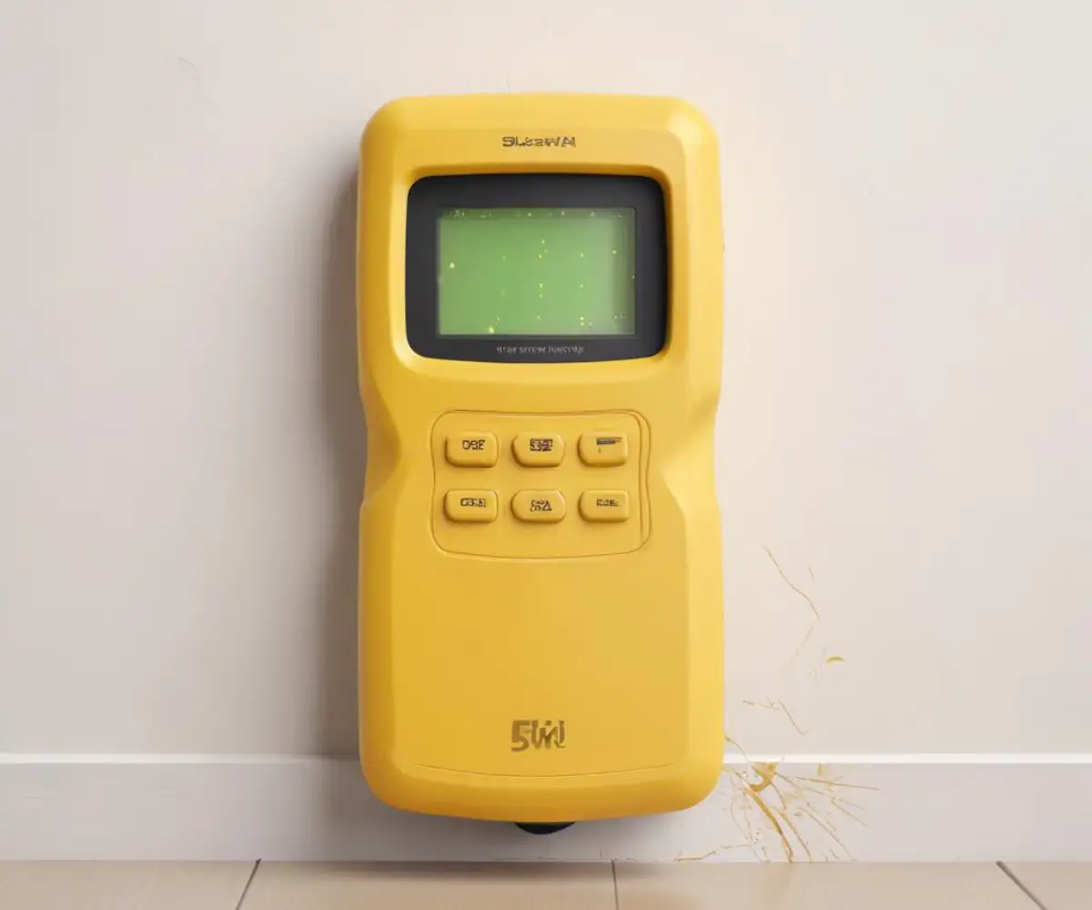 A yellow electronic stud finder held flat against a plain, white painted wall.