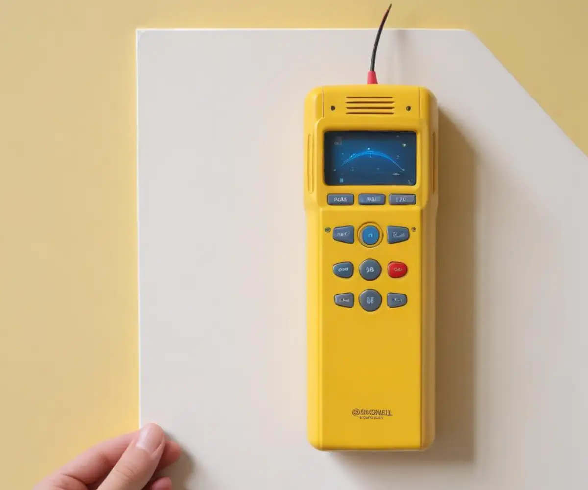 A yellow electronic stud finder held flat against a plain white painted wall.