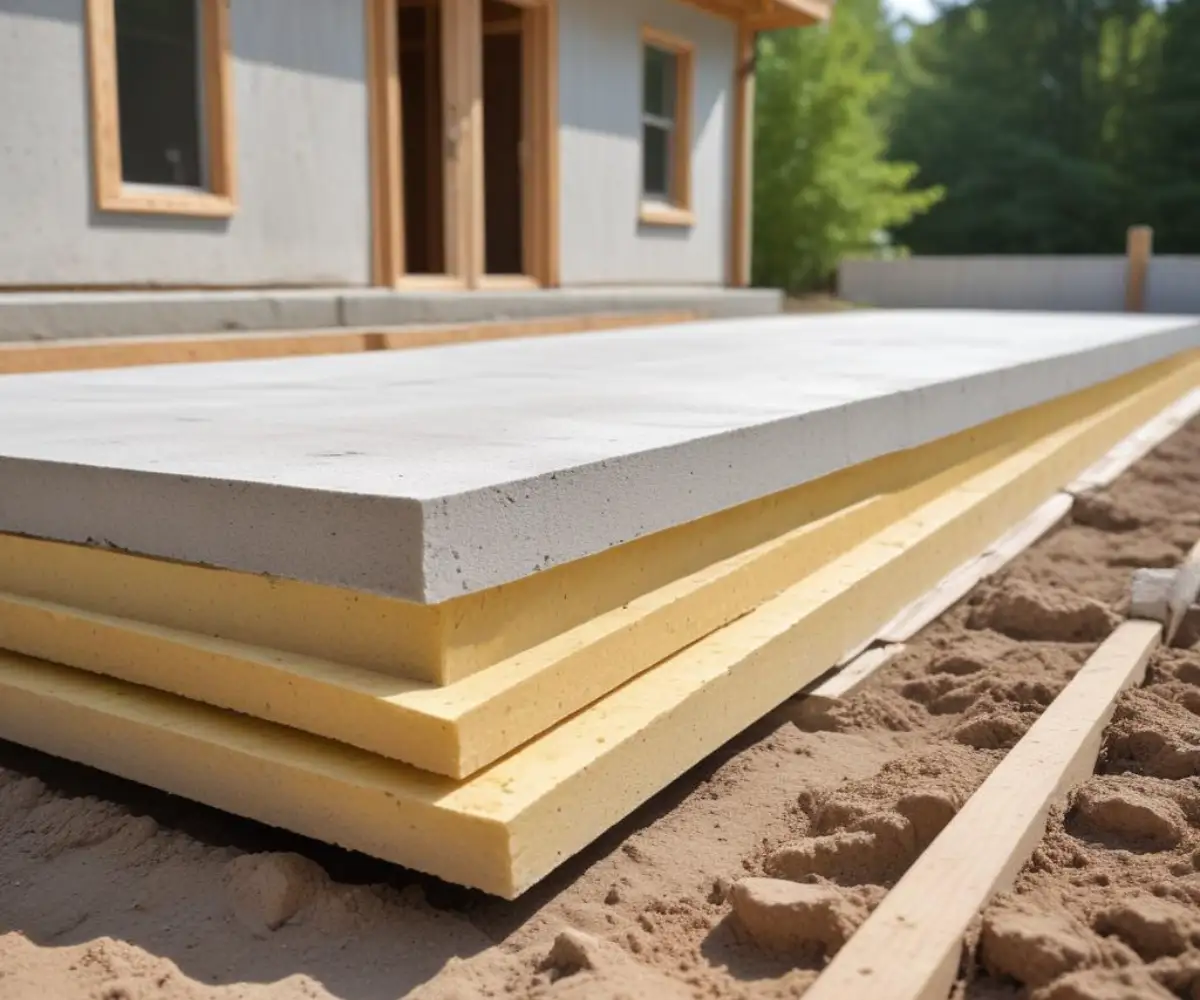 Rigid foam insulation boards installed against a concrete house foundation before backfilling.