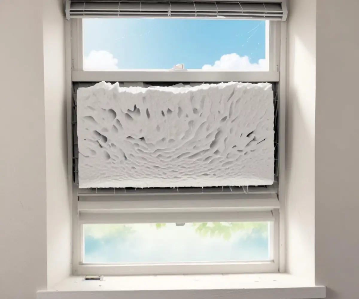 Close-up of cracked white styrofoam insulation inside the air duct of a window air conditioner unit.
