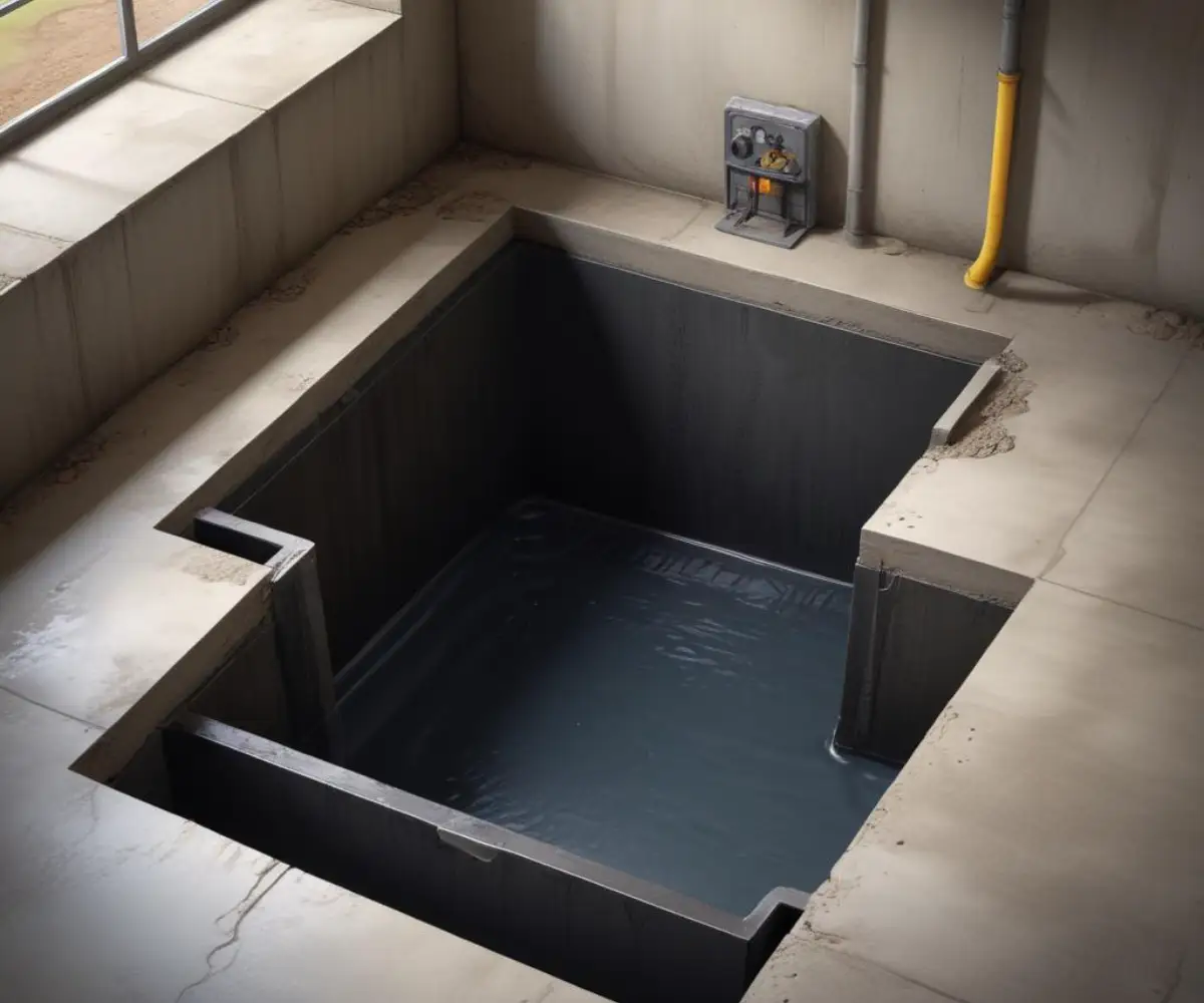 An empty, black plastic sump pit liner installed flush with a concrete basement floor, showing the interior basin.