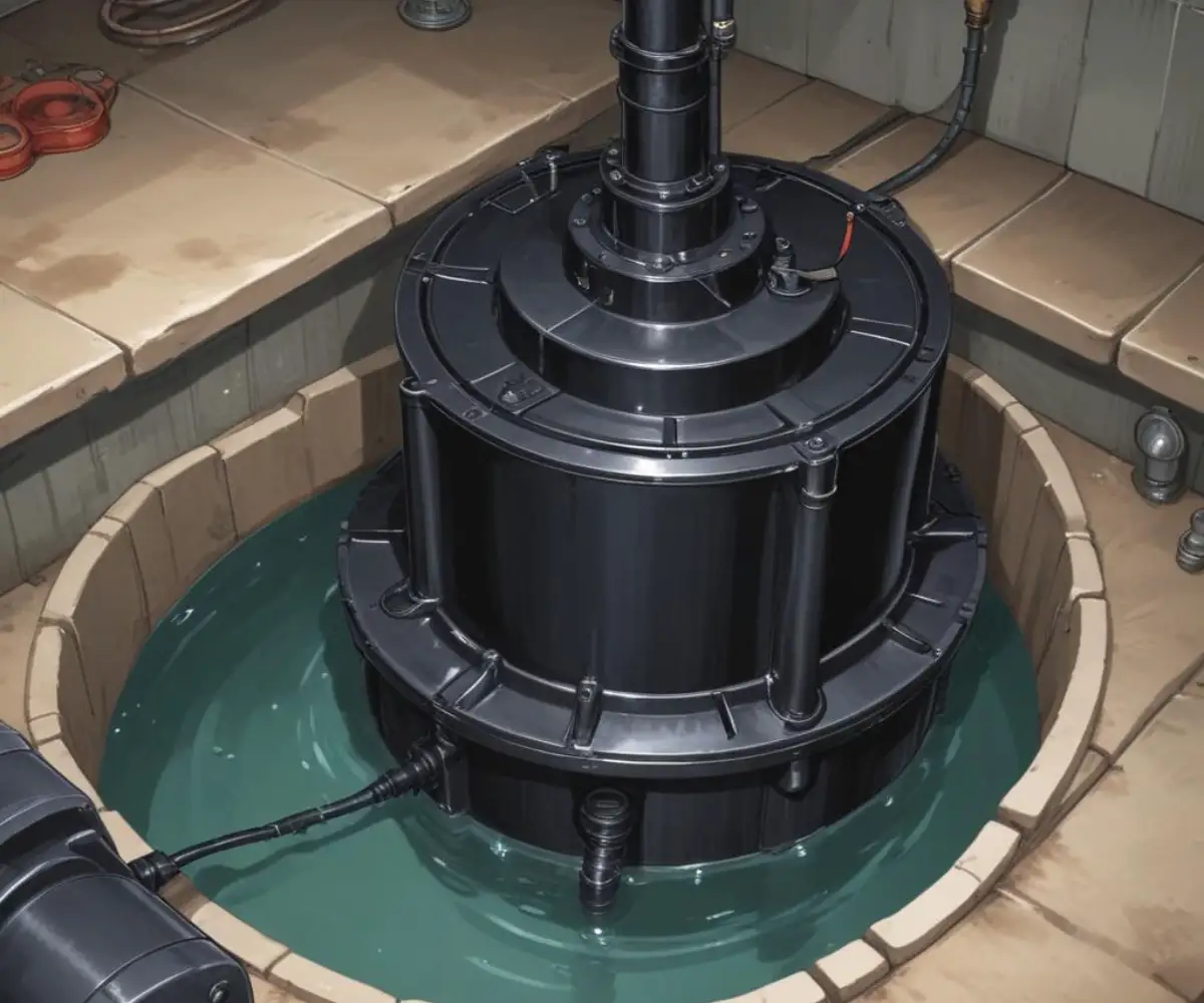 A black submersible sump pump installed in a round, plastic sump basin in a basement floor.