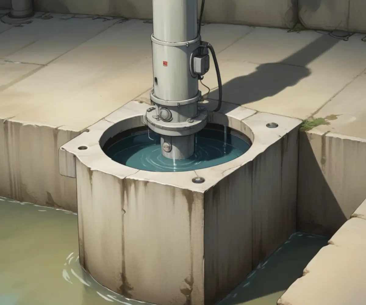 Close-up of a pedestal sump pump with a float switch installed in a concrete sump pit.