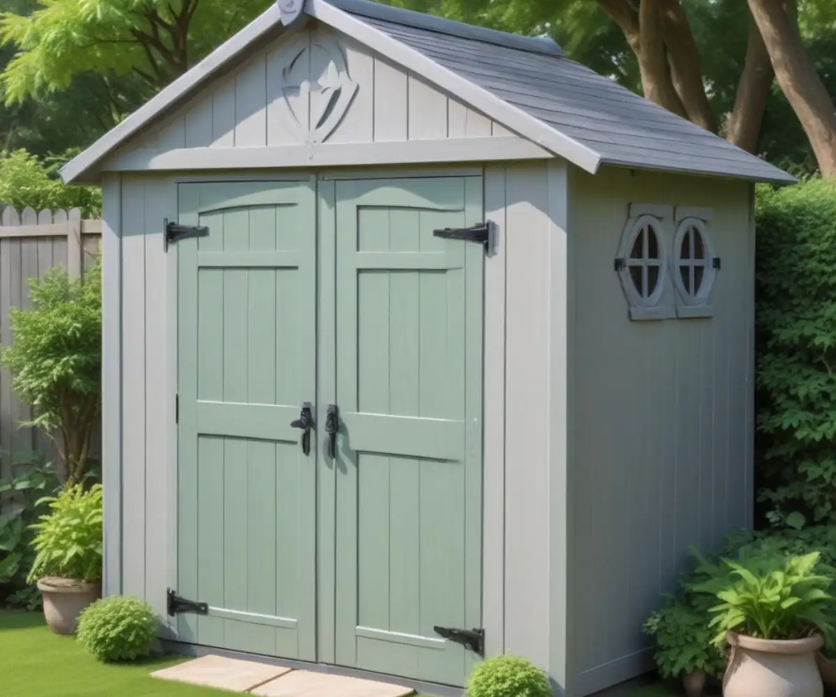 A light gray resin outdoor storage shed with double doors in a green backyard.