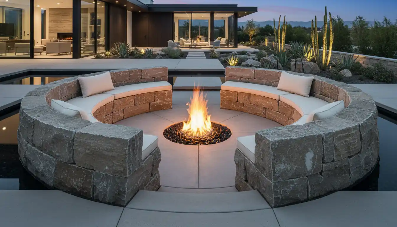 A modern sunken fireplace with a circular stone seating area and a central hearth.