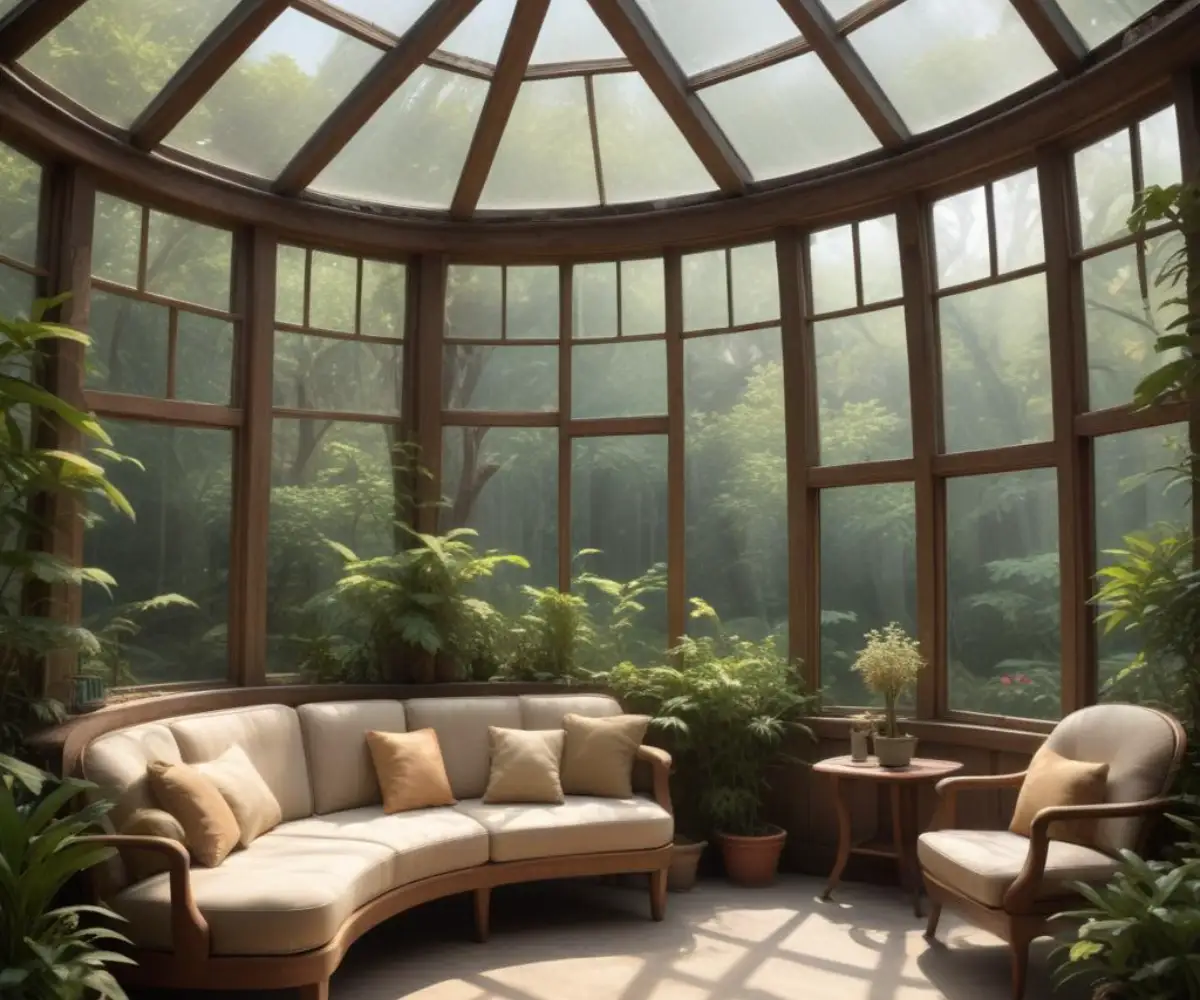 A modern sunroom with a curved glass roof and walls, furnished with comfortable seating and overlooking a lush garden.