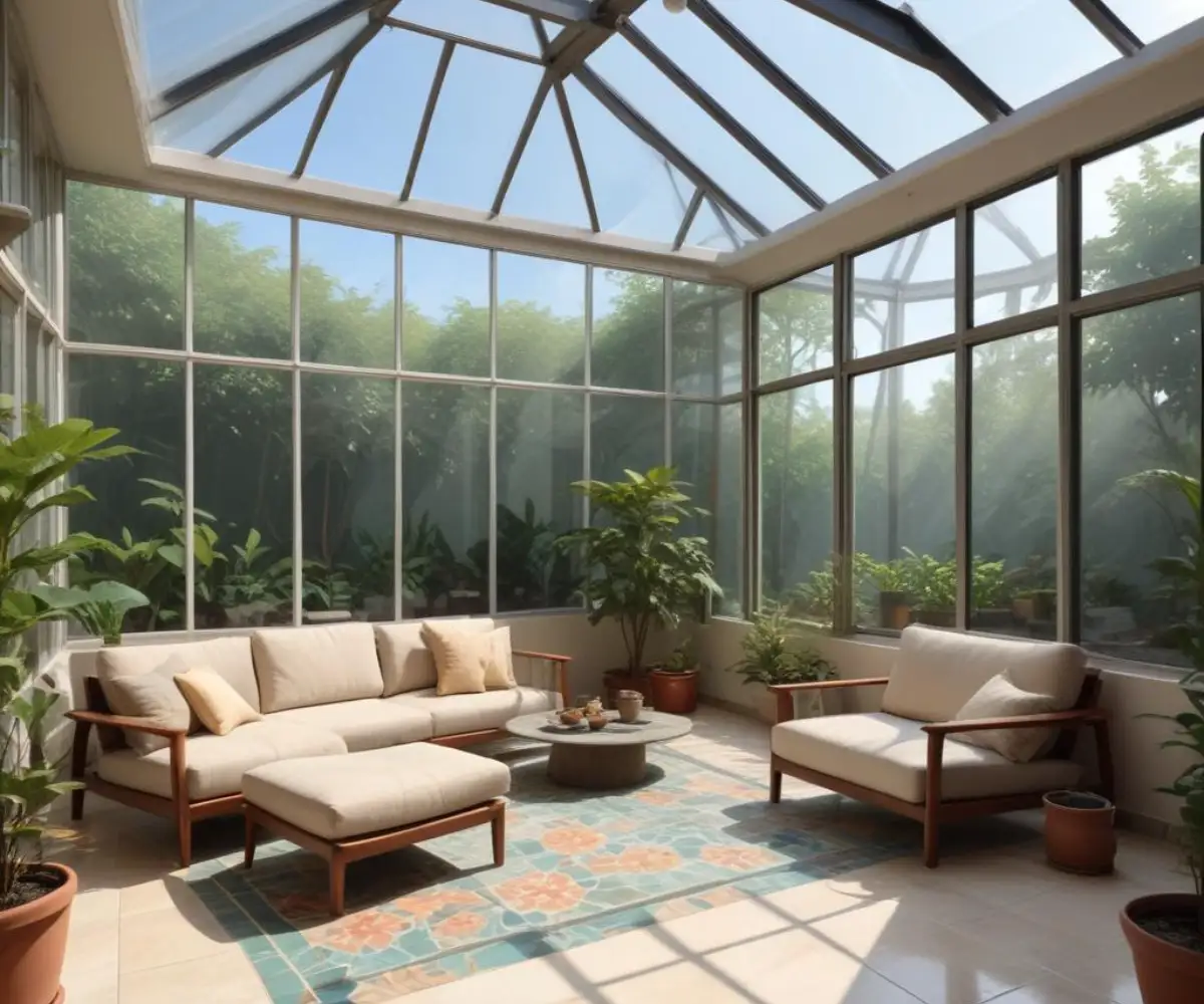 A modern sunroom with floor-to-ceiling glass wall panels, a glass roof, and minimalist patio furniture on a tile floor.