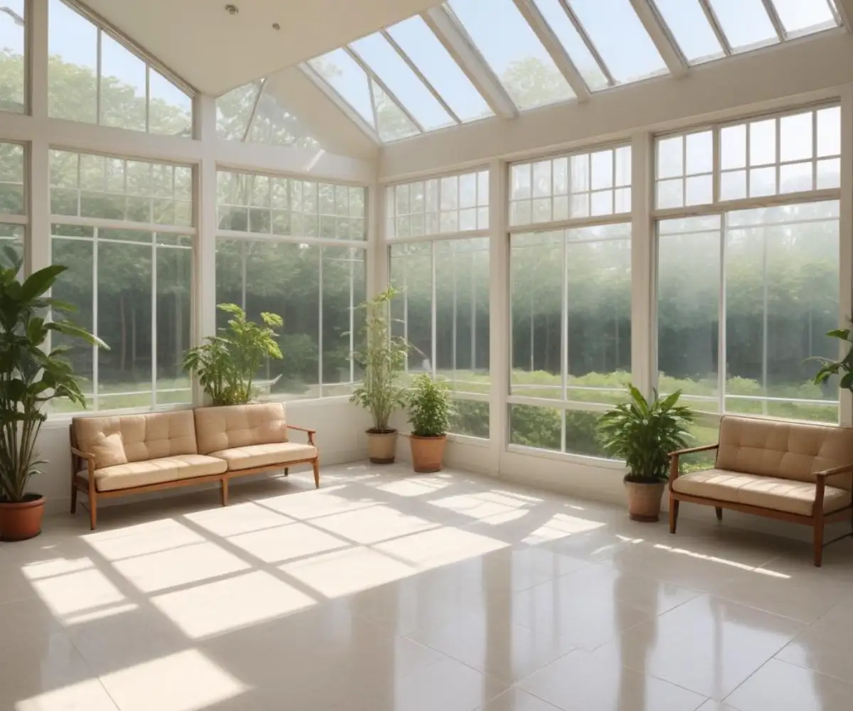 A sunroom interior showcasing insulated white wall panels beneath large, floor-to-ceiling glass windows, with a neutral tiled floor.