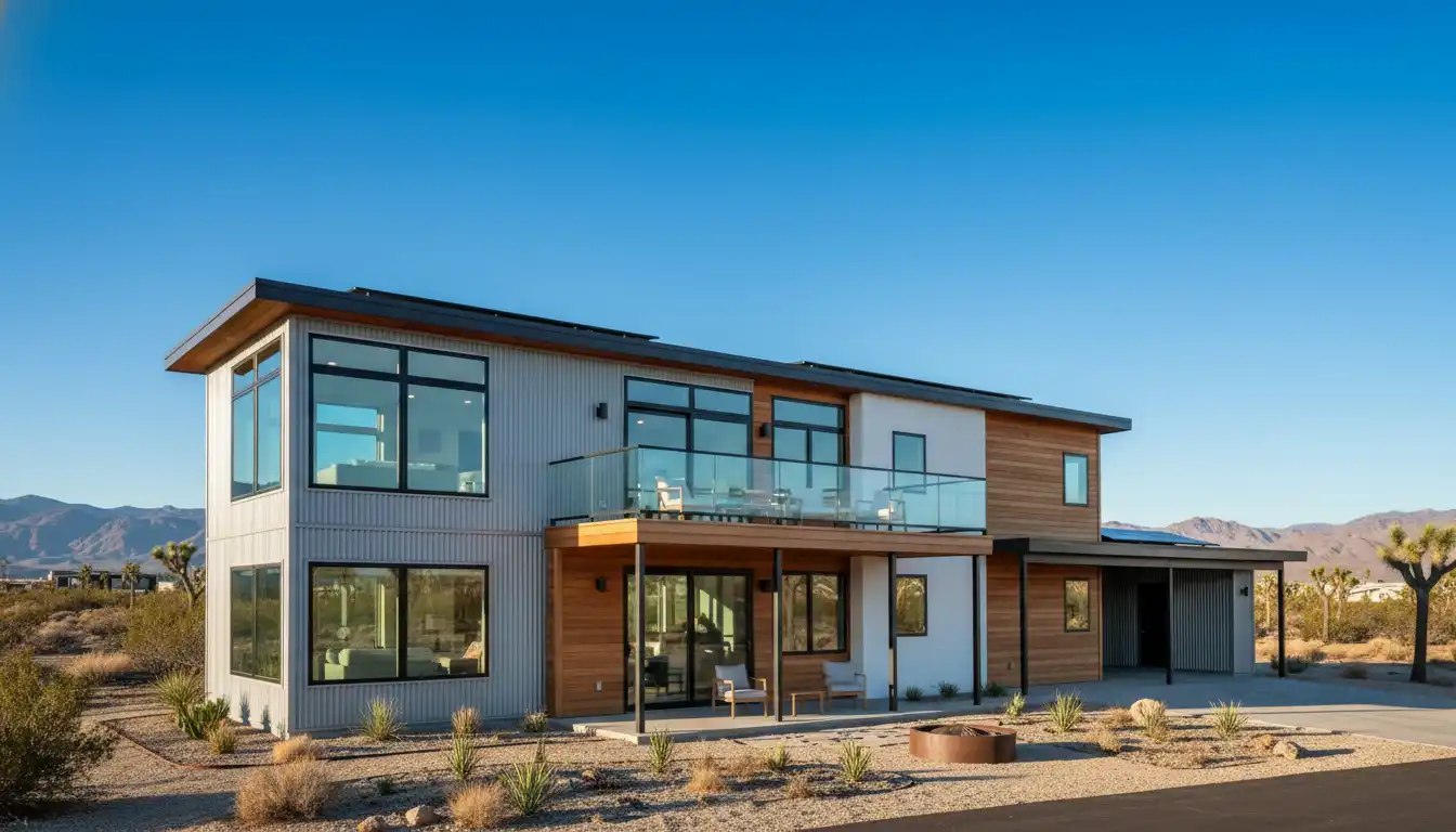 Exterior view of a modern manufactured home under a clear sky.