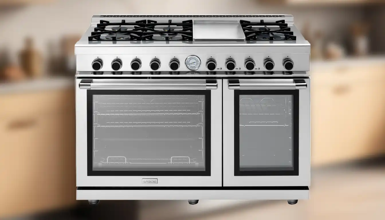 A stainless steel Superiore gas range with a panoramic oven door and six brass burners installed in a modern kitchen.