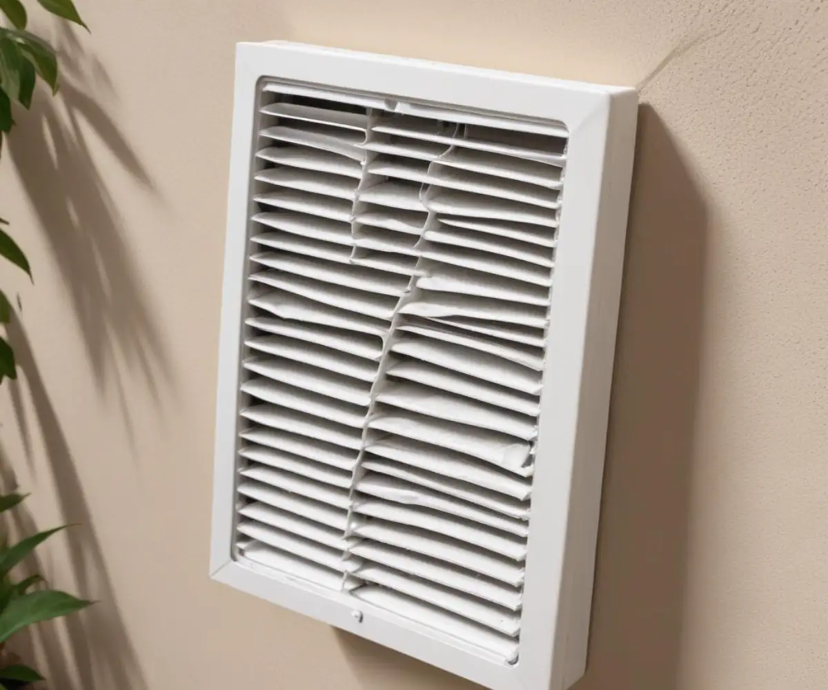 A close-up of a new, clean, white rectangular swamp cooler vent filter with a grid pattern, resting on a plain, neutral-colored surface.