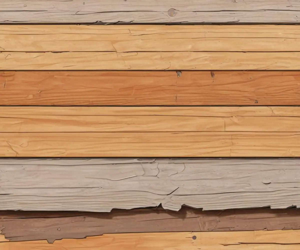 Close-up of weathered T1-11 plywood siding showing layers peeling and separating due to water damage.