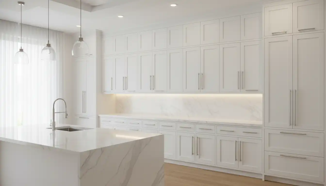 Floor-to-ceiling white shaker kitchen cabinets with brushed nickel hardware, creating a seamless and elegant look.