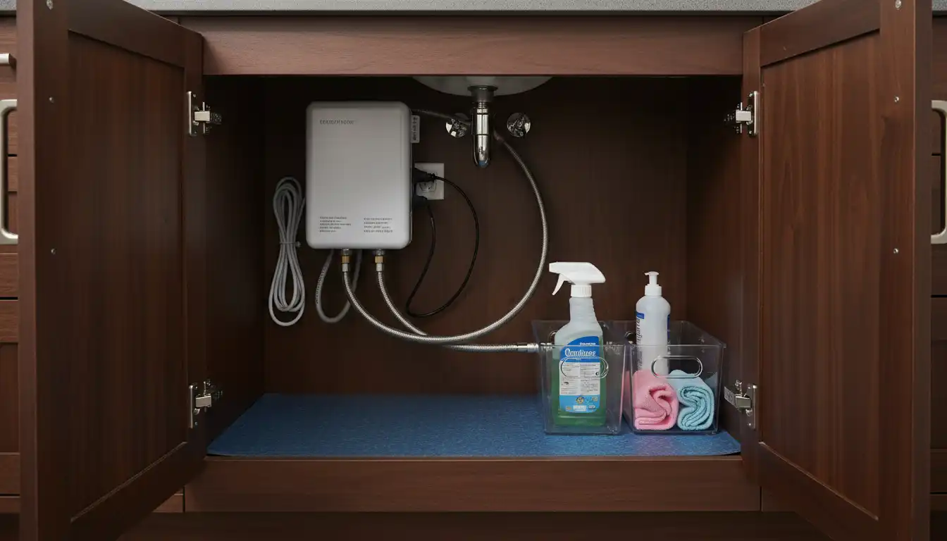 A compact, white point-of-use tankless water heater installed under a dark wood bathroom vanity sink.