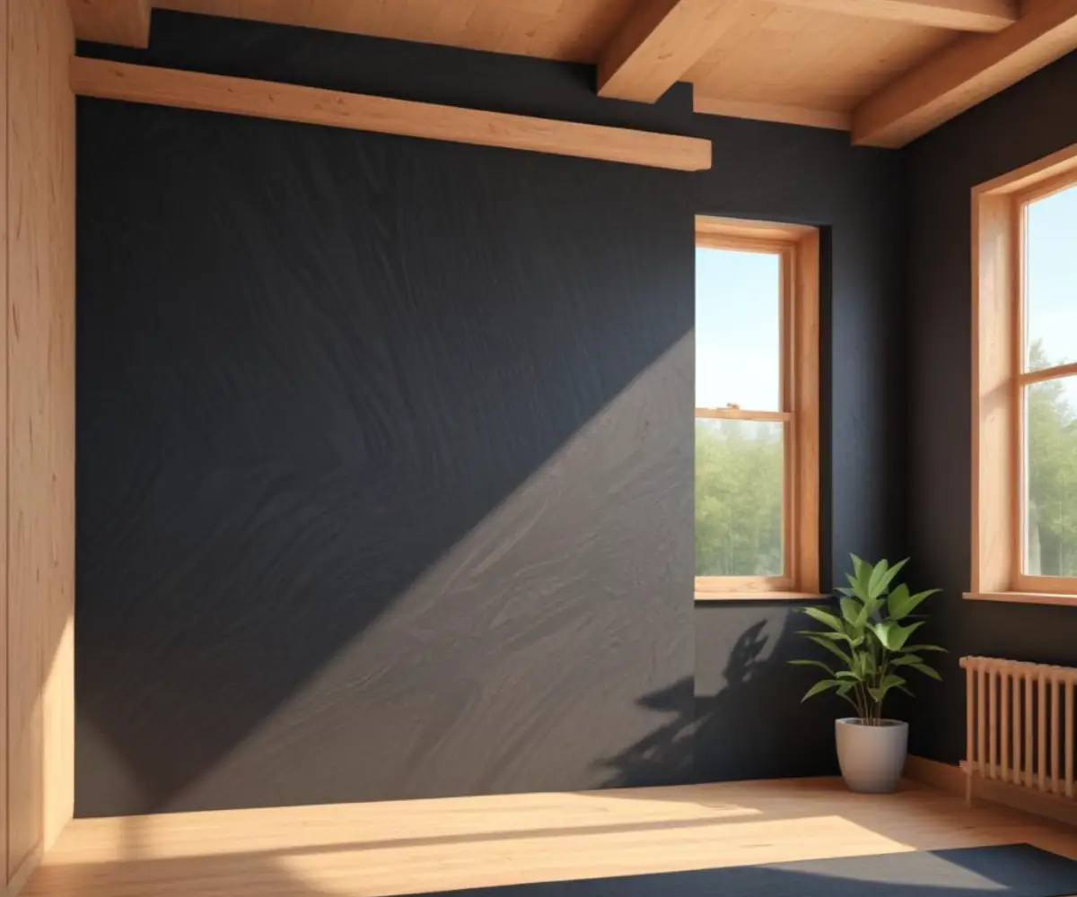Black asphalt-saturated building paper attached to the wooden frame of an interior wall.