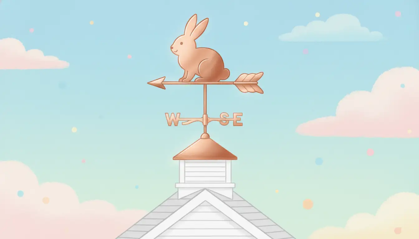 Polished copper weathervane with directional markers mounted on a rooftop cupola.