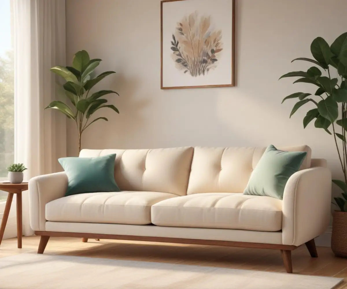 An elegant, custom-upholstered sofa with plush cushions and detailed wooden legs, showcased in a brightly lit, well-appointed living room.