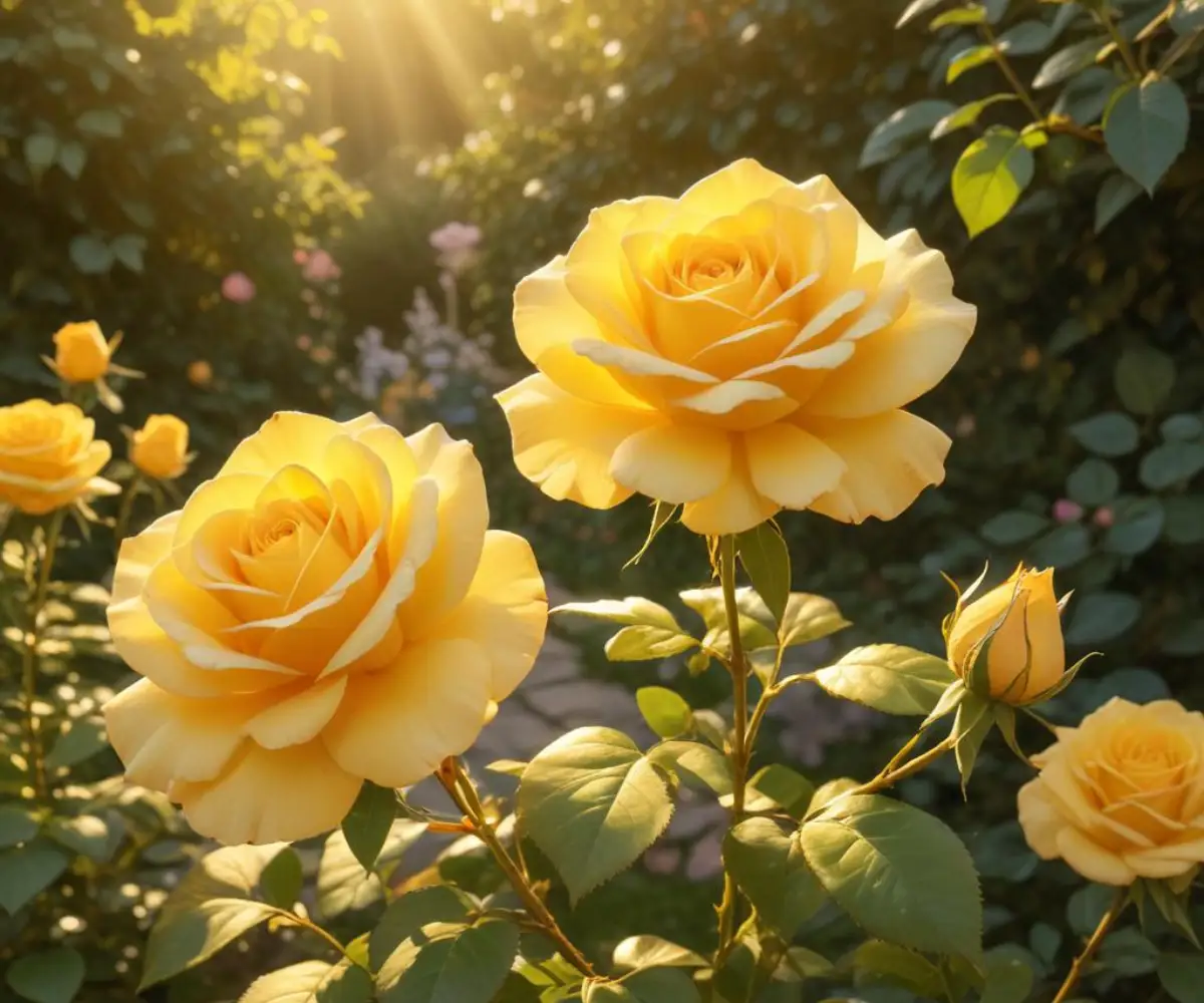 A vibrant yellow Teasing Georgia rose next to a golden-yellow Graham Thomas rose in a sunlit garden.