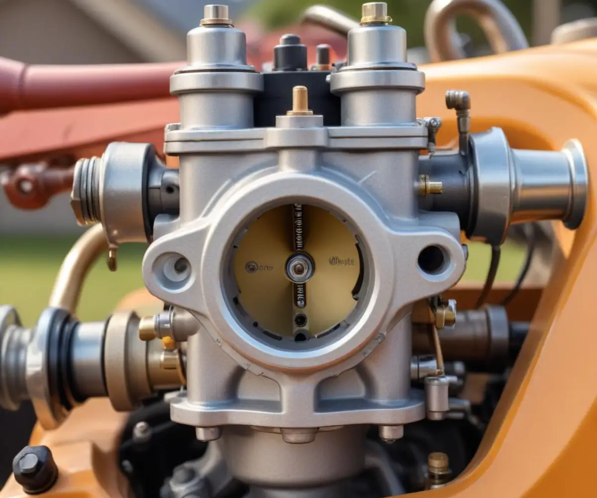 Close-up view of a small engine carburetor with a visible vent hole, mounted on a piece of outdoor power equipment.