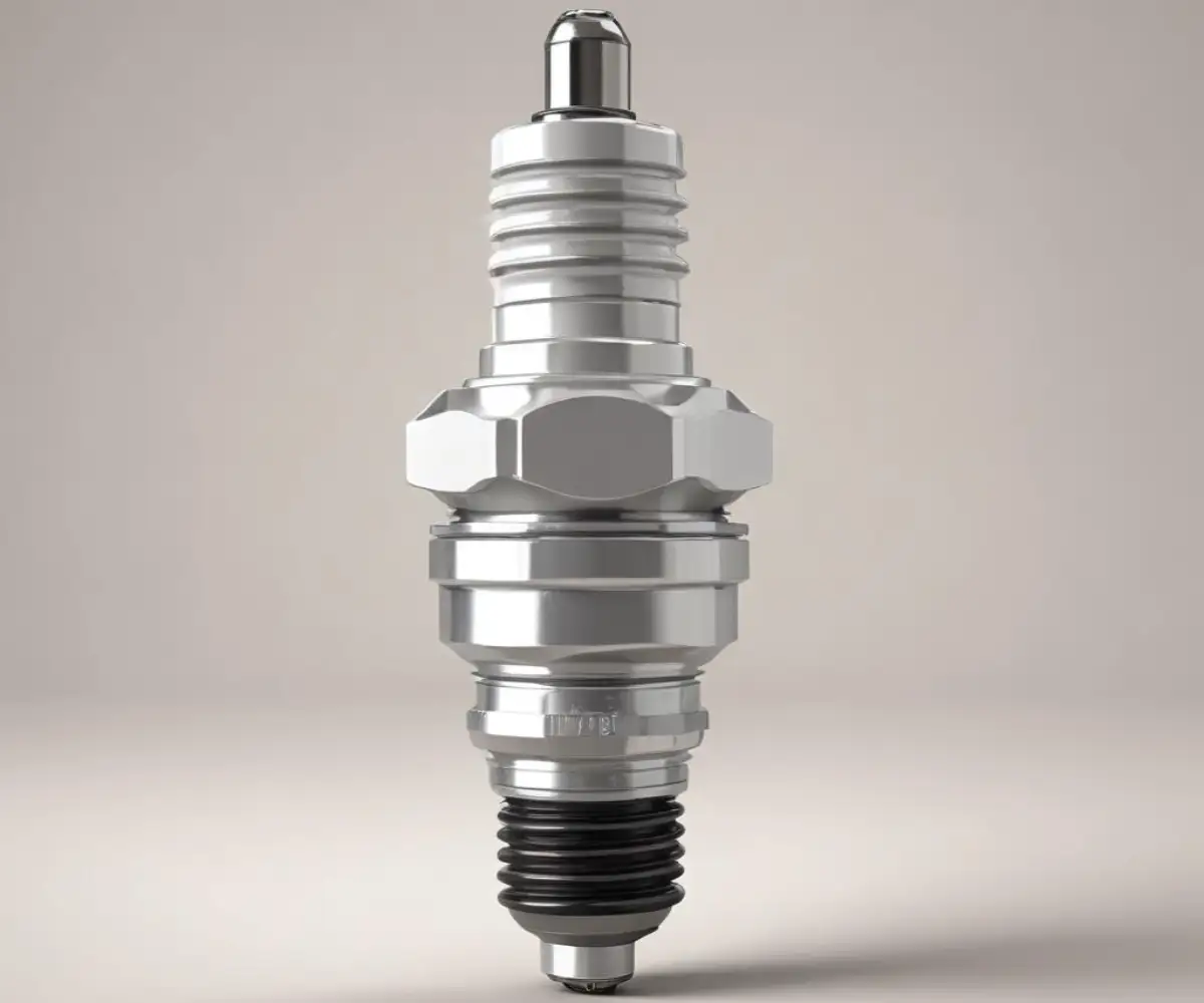 A new silver and white small engine spark plug with a threaded end, shown on a plain, light-colored background.