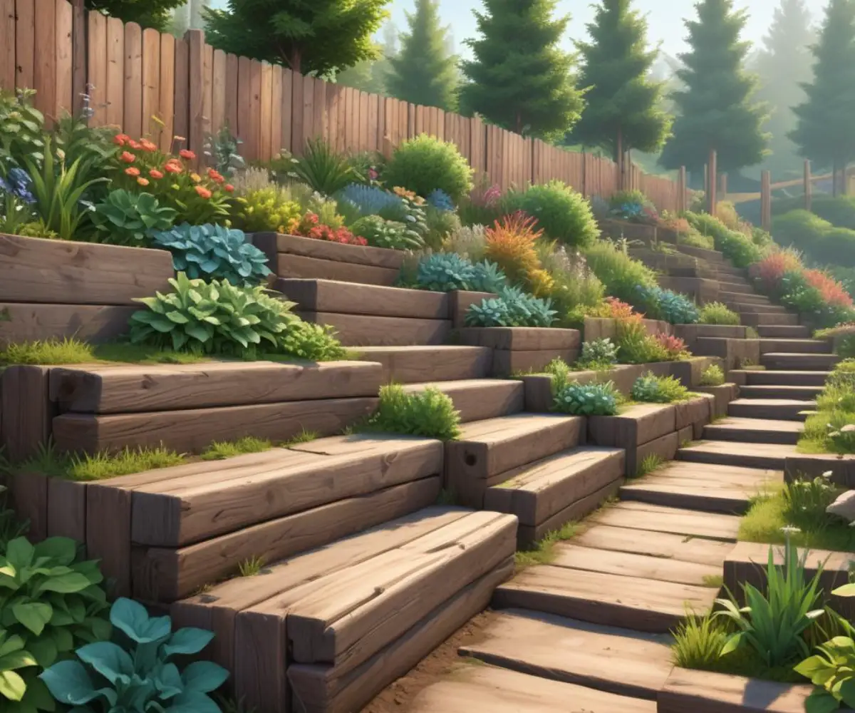 A terraced garden slope supported by a sturdy retaining wall constructed from large, weathered wooden telephone poles stacked horizontally.
