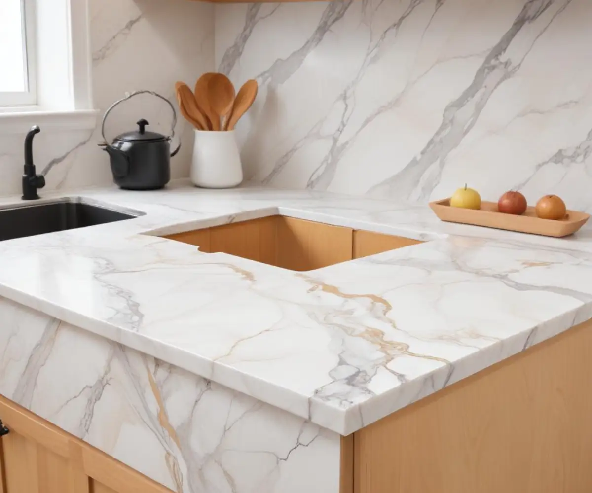 A simple peel-and-stick white marble vinyl sheet covering a plywood surface on base kitchen cabinets.